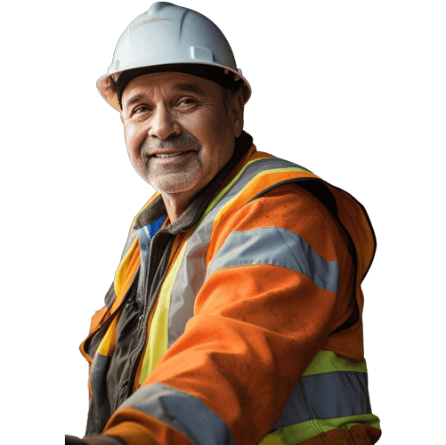 Middle aged male waste management worker wearing white hard hat and hi-vis personal protective clothing. He is turning towards the camera from the left and smiling