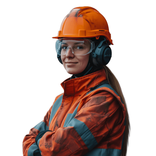 Female Waste Management worker dressed in hard hat and hi-vis protective clothing, turning from the left to smile at the camera